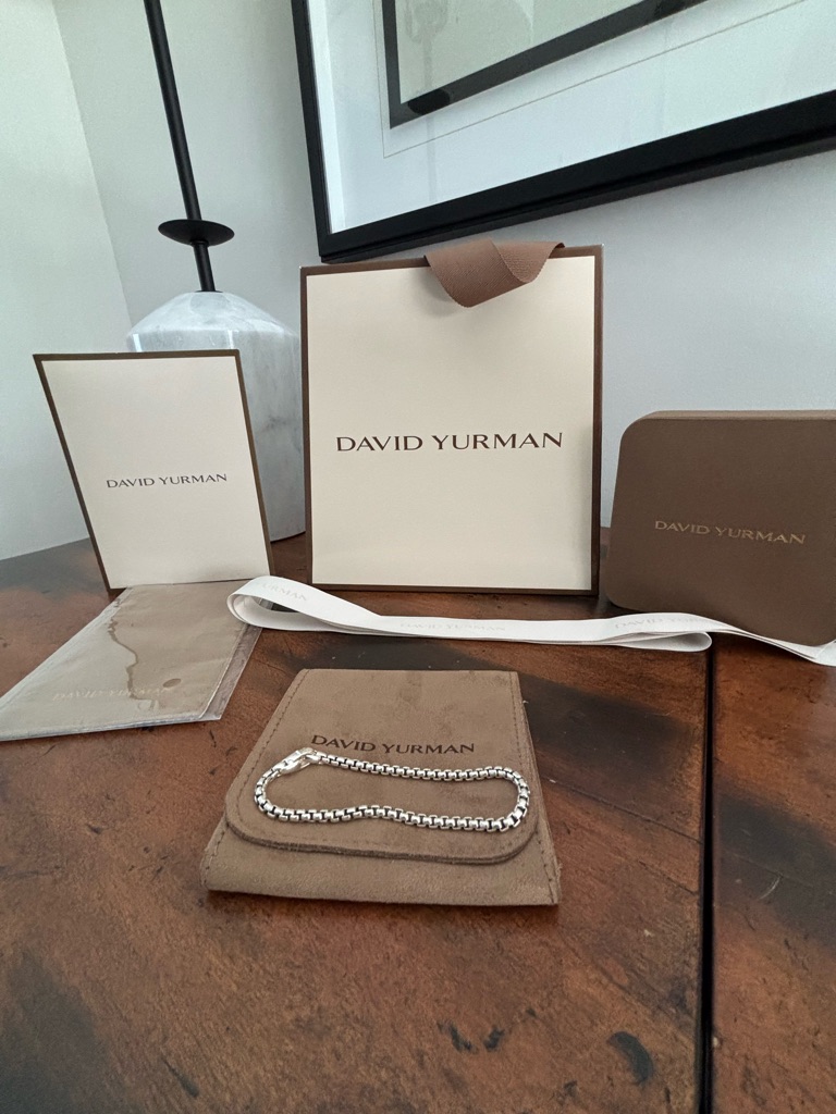 David Yurman Silver Box Chain Bracelet With Brown Packaging